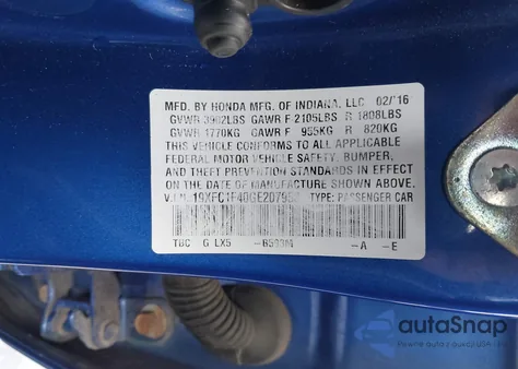 2016 Honda Civic Ex-T из США, поврежденный, VIN 19XFC1F40GE207958